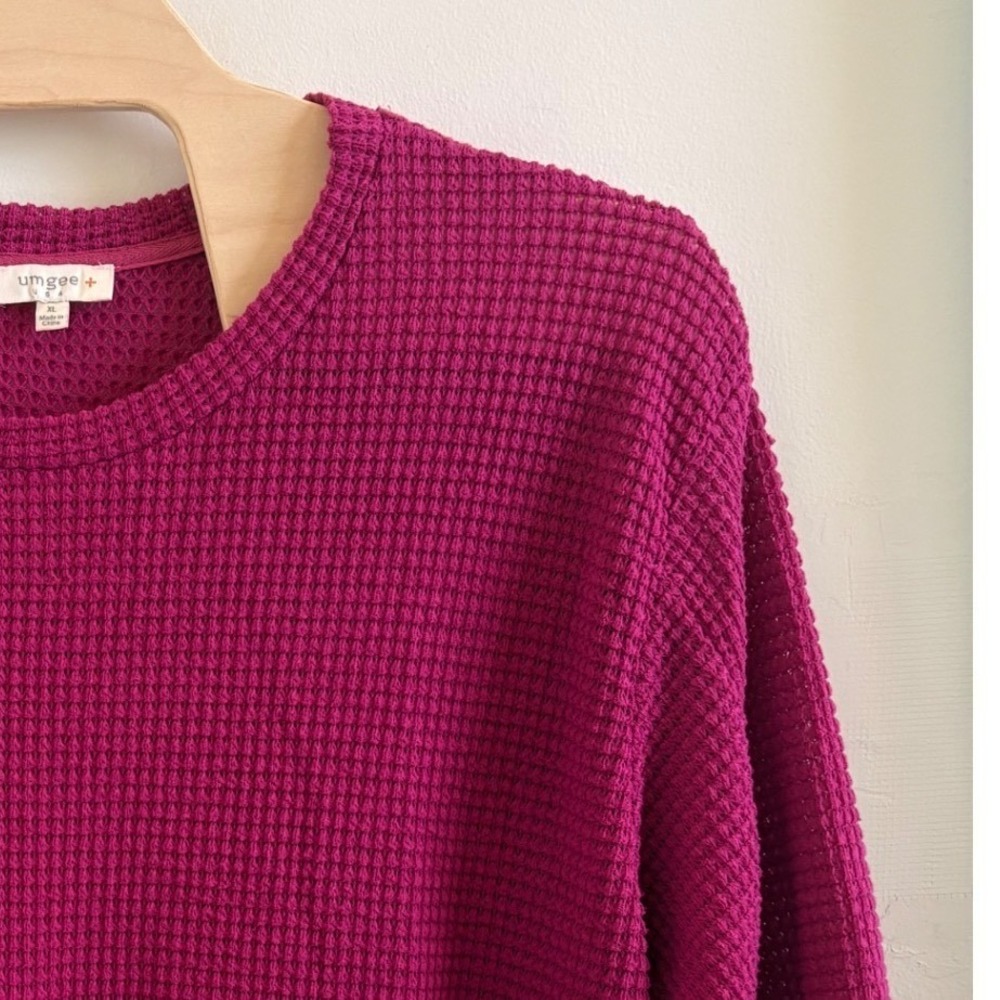 Umgee Berry Waffle Knit Top Short Sleeve Rolled Cuff Crew Neck WA5398 XL - Picture 6 of 6